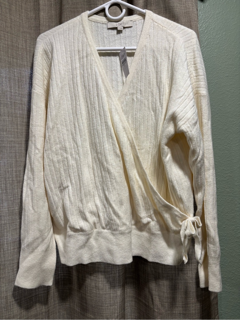 LOFT Cream Wrap Rib-Knit V-Neck Sweater